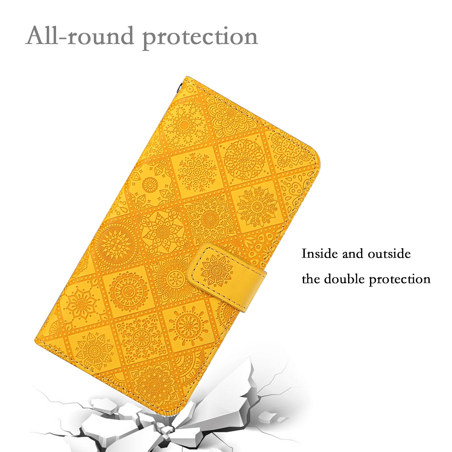 For Samsung Galaxy A55 5G Case PU Leather+TPU Ethnic Style Phone Wallet Cover - Yellow For Samsung Galaxy A55 5G Case PU Leather+TPU Ethnic Style Phone Wallet Cover - Yellow